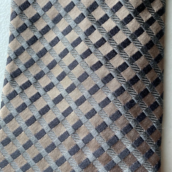 BCBG Attitude Men's Silk Tie, Brown, Gray, Black Grid Print - Picture 4 of 6
